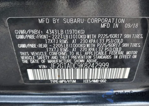 2019 Subaru Crosstrek Premium from USA, damaged, VIN JF2GTADC9K8242999